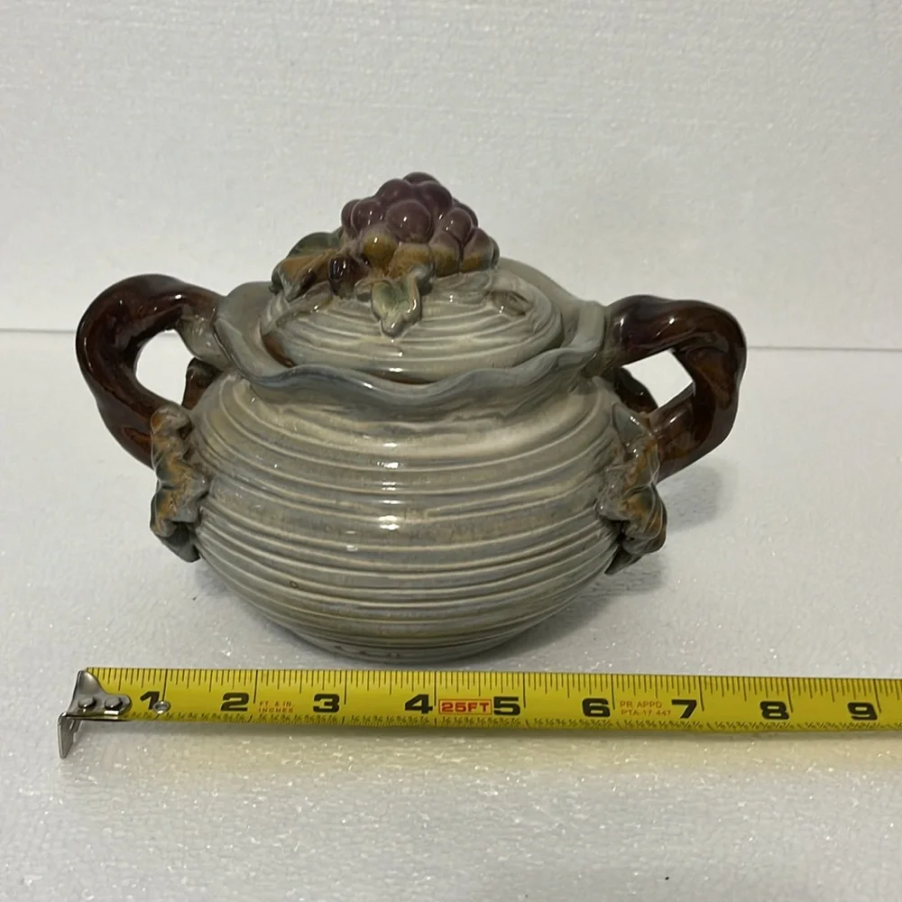 Rustic Vtg Medium Tureen Lidded Bowl Studio Art Pottery with Grape and Leaves